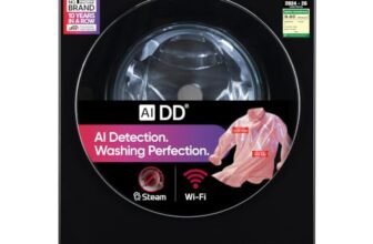LG 12 Kg, 5 Star, AI DD Technology, Steam, Wi-Fi, Tempered glass door, Fully-Automatic Front Load Washing Machine (FX1412N3O, Reduce germs & allergens, Smart Fabric Care, 2026 Model, Onyx Black)