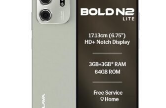 Lava Bold N2 Lite (Kolar Gold, 3 GB RAM, 64 GB Storage) | 6.75″ HD+ Display | 13MP AI Dual Rear Camera | 5000 mAh Battery | Secure Face Unlock | Fingerprint Reader | Charger & Phone-Cover in Box