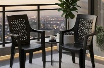 Nilkamal Elevate Plastic Chair with Arm | Set of 2 | Stackable Chair | for Living Room, Bed Room, Kitchen, Balconies, Outdoor | Iron Black