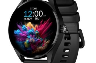 Titan Crest 1.43” AMOLED Smart Watch with BT Calling, AI Morning Briefs, Functional Crown, Health Tracking, Aluminium Body, 100+ Sports Modes, Smartwatch for Men and Women – Black Silicone Strap