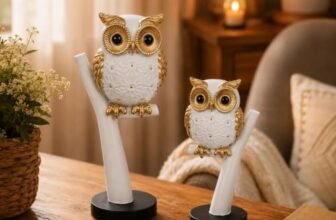elaris Charming Owl Figurine Set for Home & Office Décor | Handcrafted Modern Showpiece for Living Room, Study, Shelf & Table Styling (White & Gold)