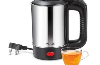 MILTON Stainless Steel Euroline Electric Travel Kettle With Handle, 1000 Watt, 500 Ml | 2 Utility Cups | Auto Shut-Off | Concealed Heating Element | Power Indicator |1Year Warranty, Silver