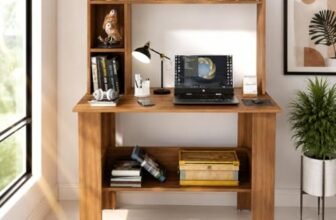 Spyder Craft Modern Daisy Engineered Wood Study Table with Storage Shelf | Clean Minimalist Computer Desk for Home, Office, & Bedroom | Durable & Easy to Clean (Wood Brown) (Assembly_DIY)