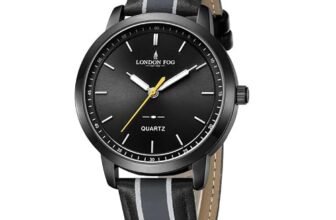 London Fog Collection Analog Watch for Men with Round Black Dial, Minimal Stick Markers, Quartz Movement and Black/Gray Leather Strap – LFM10013-01