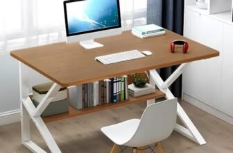 Lukzer Modern Engineered Wood Computer Desk with Built-in Bookshelf, Space-Saving Design, Oak Brown Top & White Frame, Study Table,100x50x78cm (MST-001)