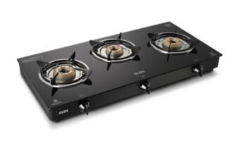 Glen Apex LPG Gas Stove 3 Burner | 6mm Toughened Glass Top Gas Stoves | Brass Burners | ISI Certified | 360 Revolving Inlet Nozzle | Warranty 2 Years Standard (Black)