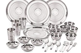 neelam Stainless Steel 24 Gauge, Diamond Touch 28 Pieces Solid Dinner Set, Ideal Gifting Dinner Set, Ideal for Special Occasions Like Anniversary, Wedding, Housewarming Party, Dishwasher Safe, Silver
