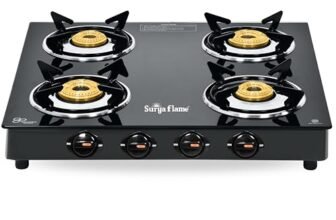 Surya Flame 4 Burner Glass Top Gas Stove | Manual Ignition | Scratch Resistant Toughened Glass | Tri-pin Brass Burners | Ergonomic Knobs | Skid-proof Legs | 2 Year Warranty | Black