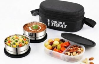 CELLO Double Treat Set of 3 Pcs Lunch Box for Office Use with Jacket Black | 2 x300ml Stainless Steel Containers, 1 x Oval Container| Lightweight Leakproof Airtight Tiffin Box Case For School & Travel