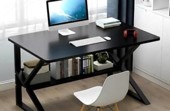 Lukzer Modern Engineered Wood Computer Desk with Built-in Bookshelf, Space-Saving Design, Black Top & Black Frame, Study Table,100x50x78cm (MST-001)