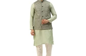SOJANYA (Since 1958 Men’s Silk Blend Pista Kurta & TeaalGreen Nehrujacket With OffWhite Pyjama Combo Size 36