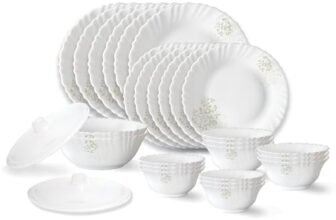Larah by Borosil Ingot Fluted Series Opalware Dinner Set | 28 Pieces for Family of 6 | Microwave & Dishwasher Safe | Bone-Ash Free | Crockery Set for Dining & Gifting | Plates & Bowls | White