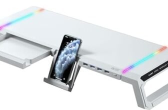 acer Ergo Multifunction Monitor & Laptop Stand Featuring RGB Lighting and a 4-Port USB Hub with Aluminum Multi Keyboard Storage Space Bar, Suitable for Both Office and Home Environments (White)