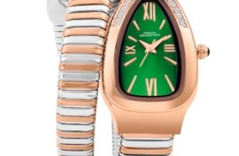 French Connection Eternelle Curve | Green Dial with Rose Gold Case | Flexible Wrap Bracelet Strap | Crystal Accent Design | Roman Numerals Analog Watch for Women – FCN0142NRTM