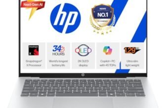 HP OmniBook 5 OLED (Previously Pavilion), Snapdragon X Processor 45 Tops (16GB LPDDR5x, 512GB SSD), 2K 14”/35.6cm, Win11, Office24, Silver, 1.29kg, he0014QU, Multi-Day Battery, AI Laptop