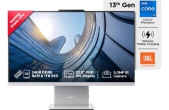 Lenovo IdeaCentre AIO Intel Core i7-13620H 24″ FHD (24GB RAM/1TB SSD/Win11/Microsoft 365 Basic + Office Home 2024/Wireless Charging/Wireless EOS Keyboard & Mouse,Grey) All-in-One Desktop
