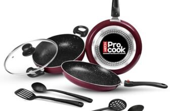 Milton Pro Cook Induction Cookware & Gas Stove Friendly Kitchen Jewel Plus Granito 7 Pc Cookware Set | Fry Pan 24cm | 24cm Kadhai with Glass Lid | Tawa 25cm | 2 Nylon Ladle & Spatula | Peach