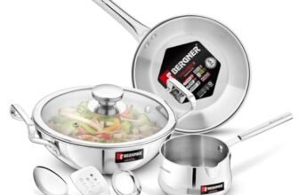 Bergner TriPro 7 Pcs Tri-Ply Stainless Steel Induction Bottom Cookware Set | 22cm (2 LTR) Kadai with Glass Lid | 22cm (1 LTR) Frypan | 12cm (0.9 LTR) Coffee Warmer | Ladle | Serving Spoon | Turner