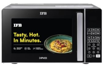 IFB 24L Solo Microwave Oven with 69 Auto Cook Menus (24PM2S, Silver, Mug Recipes, Steam Clean, Auto Reheat, Preset Timer, Power Save, Child Safety Lock, 10 Power Levels)