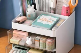 PulGos Desk Organizer with 2 Drawers| Large 3 Compartments with Pen Holder | Plastic Table Top box for Cosmetics, Makeup, Stationery & Accessories | Storage box for Home, School, Study & Office Supplies