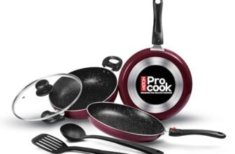 Milton Pro Cook Kitchen Pride Non-Stick Cookware Set of 5 | Includes Nonstick Tawa, Frying Pan, Kadhai with Lid, Nylon Laddle & Spatula | Non-Induction Base | Peach Color