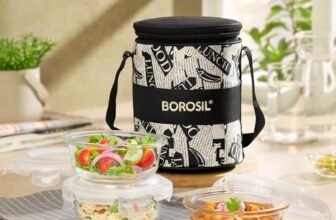 Borosil Nostalgia Borosilicate Glass Lunchbox with Bag | 3 pc Round Container Set (320 ml Each) | Microwave & Dishwasher Safe, Leakproof | Tiffin for Office, School, College | Transparent