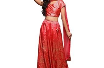 BIBA Women’s Tafeta Silk Lehenga Choli Set Readymade Printed Flared Salwar Kurta Dupatta(Skdsummer S8500_Coral Pink_42)