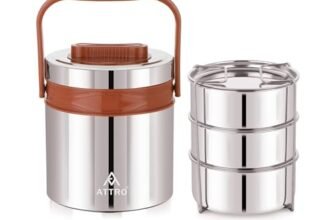ATTRO Steel On 3 Insulated Tiffin Box 3 Stainless Steel Containers Easy Carry Handle, BPA-Free, Leakproof Office, School & Travel – Brown-900ml