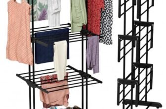 TEX-RO Clothes Drying Stand for Balcony | Cloth Dryer Stand | Cloth Stand for Drying Clothes Foldable | MS Pipe Clothes Hanging Stand | Portable Cloth Rack for Indoor (3 Layer, Black)