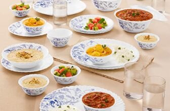 Larah by Borosil 35 Pieces Blue Eve Opalware Dinner Set for Family of 6 | Microwave & Dishwasher Safe Silk Series Crockery for Dining & Gifting, Bone Ash Free Plates & Bowls