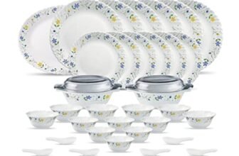 La Opala Diva Classique Collection Opal Glass Crockery | for Family of 6 | Dinner Set 35 pcs Twilight Bouquet | Plates & Bowls for Dining | Microwave Safe | 100% Vegetarian | Extra Strong | White