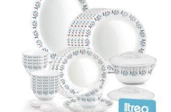 Treo by Milton Opalware Neuma Lavelle Dinner Set of 35 | Serving for 6|Microwave & Dishwasher Safe | Bone-Ash Free | Tempered Toughness | Plates, Bowls, Lid, Spoons | Crockery Set for Dining & Gifting