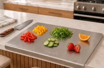 GharNestStainless Steel Cutting Board with Handle,(41.5cm x 29cm), Scratch Resistant, Anti-Slip, Hygienic for Vegetables, Fruits & Meat