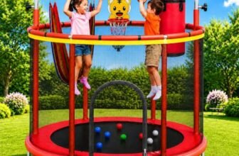 Toy Imagine 55-Inch Kids Trampoline with Safety Enclosure Net, Swing, Gymnastic Rings, Punching Bag, Basketball Hoop & Balls, Indoor Outdoor Activity Trampoline for Boys and Girls Ages 3+
