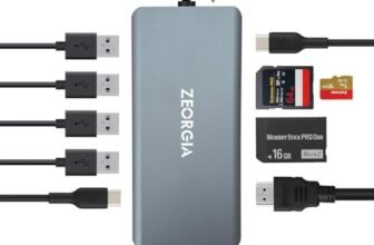 ZEORGIA USB C Hub with 4K@30Hz HDMI, 100W Power Delivery, 10Gbps USB-C, VGA, RJ45, Audio, SD/TF for USB-C Phones, Tablets, and Laptops
