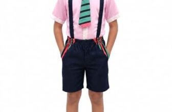 BookMyCostume Boy Dangri Style Costume Set | Pink Shirt with Denim Dangri Style Shorts & Colorful Tie | Fancy Dress Costume for Role Play | Boys | 8-10 Years