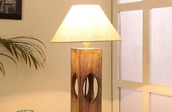 tu casa Handcrafted Mango Wood Table Lamp with Off-White Cotton Shade | Bedside & Study Table Lamp for Bedroom, Living Room, Dining Area & Home Décor | Height 44 cm | Bulb Not Included