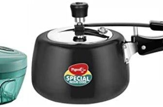 Pigeon by Stovekraft Hard Anodised Aluminium Inner Lid Cooker – 3 Litre with Induction Base (Contura), medium & Plastic Mini Handy and Compact Chopper with 3 Blades (Green, 400 ml)