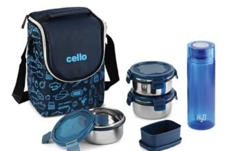 CELLO Complete Meal Lunch Box Set with Jacket for Office Use Blue | 3 x 300ml Steel Container, 1 x 130ml Pickle Container, 500ml Water Bottle with Spoon & Fork | Airtight Tiffin Box Set for Daily Use