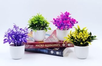 Flora Planet Artificial Plants for Home Decor – Set of 4 Mini Size Pot with Multicolor Faux Plants, Realistic Look, Durable Material – Perfect for Office Table Decoration and Showcasing