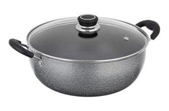 Amazon Solimo Non-Stick Kadhai With Glass Lid | 26 Cm | 4 L | Hammerstone Finish | 3 Coat, 2.9 Mm Thickness|Black