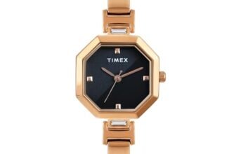 TIMEX Analog Watch for Women with Black Octagonal Dial & Rose Gold Brass Bracelet Band Water Resistant Women’s Wrist Watches – TWEL195SMU04