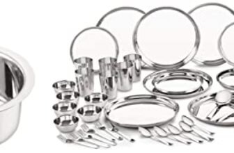 Neelam Stainless Steel Combo of 24 Gauge Premium Dinner Set of 50 pcs with 22 Gauge Flat Bottom Tope 1100ml | Durable, Trusted Quality, Ideal Gifting on Special Occasions Like Anniversary, Wedding.
