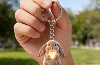 Keychain bunny charm keyring cute animal pendant flat pendant for keys | Rabbit holding heart motif · Metal split ring link · Compact flat structure