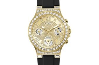 GUESS Women 36 Mm Moonlight Champagne Dial Silicone Analog Display Watch – Gw0257L1(Not Assigned, Not Assigned), Black Band