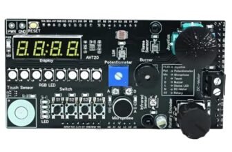 SmartElex Bharat Explorer Shield Compatible with Arduino Uno R3 R4 and Q | Multi-Function Expansion Shield for Sensors, Motors, Servos & Robotics | STEM Prototyping Board