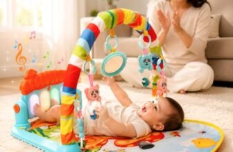 Kidsmate Little Explorer Play Gym Mat for Babies 0 to 12 Months, Kick and Play Piano Baby Gym, 4 Hanging Rattles & Mirror, Tummy Time Activity Play Mat, Newborn Toys Gift for Baby Boys and Girls