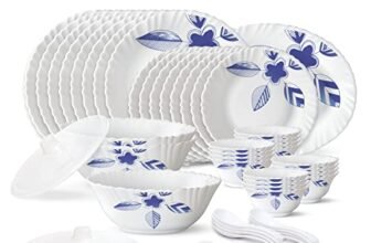 Larah by Borosil 47 Pc Morning Glory Opalware Dinner Set for Family of 8, Microwave & Dishwasher Safe Silk Series Crockery for Dining & Gifting, Bone Ash Free Plates & Bowls