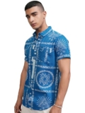 Highlander Men’s Slim Fit Shirts | Printed | Half Sleeves | Spread Collar | Casual Shirts | Men Shirts Blue/White