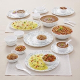 Larah By Borosil Moon Riva Dinner Set- 33 Pcs, Opal Glass Dinner Plates & Bowls Crockery Set for Dinning, White